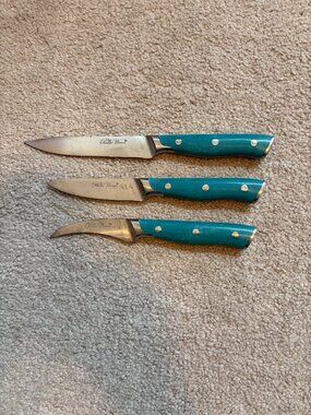 The pioneer Woman Knife Set of 3 Paring, Utility, Birds Beak Turquoise Handles